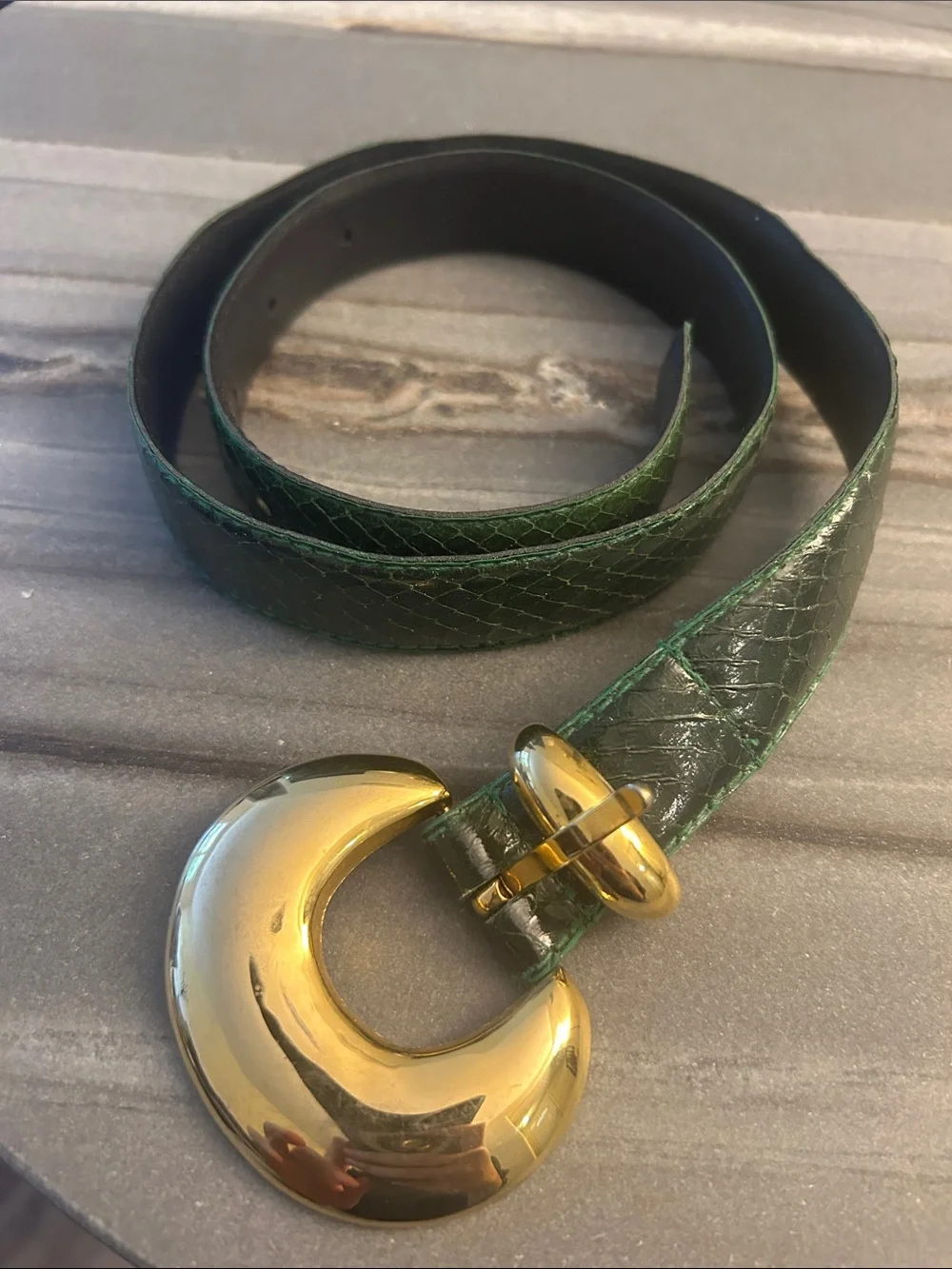 Magid Snakeskin Green Embossed Leather Belt with Gold Crescent Buckle Size S